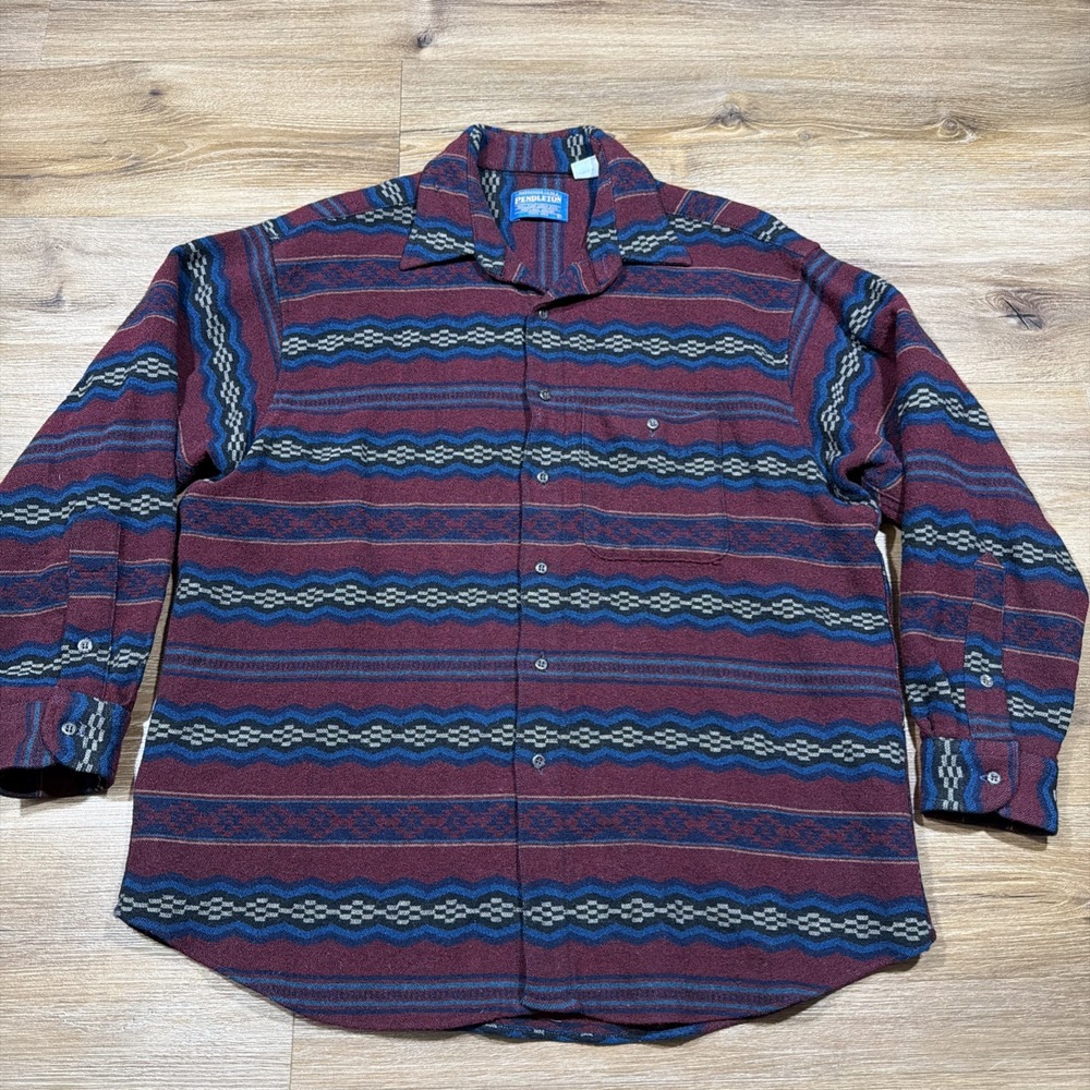 VINTAGE Pendleton Men's LARGE Wool Red Blue Flannel Shirt Aztec Southwestern USA